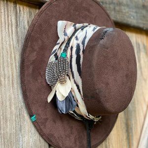 AGED BOATER HAT WITH HATBANDS LARGE BROWN HARD ROUND BRIM FESTIVAL STYLISH